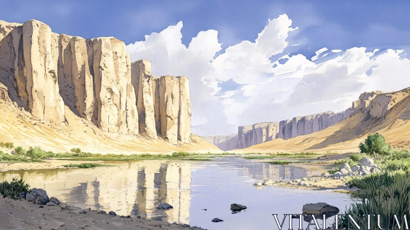 AI ART Serene Canyon River with Reflective Water and Towering Cliffs