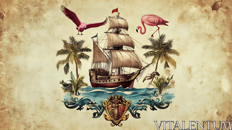 Classic Nautical Scene with Exotic Birds AI Image