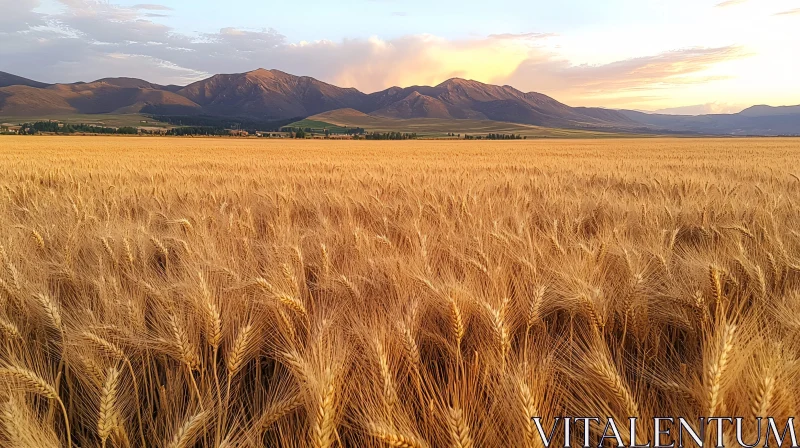 Sunset Over a Golden Wheat Field and Mountains AI Image