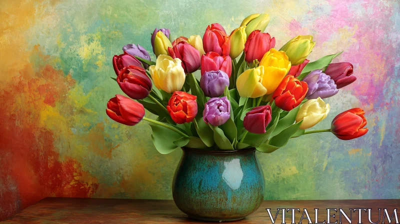 Colorful Tulips in Ceramic Vase AI Image