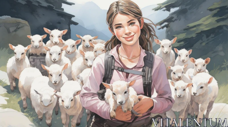 Girl Amid Sheep Flock on Mountain Top - Charming Anime Art AI Image