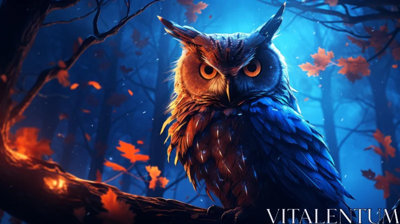 Mysterious Owl in Dark Azure and Amber Forest - Concept Art AI Image