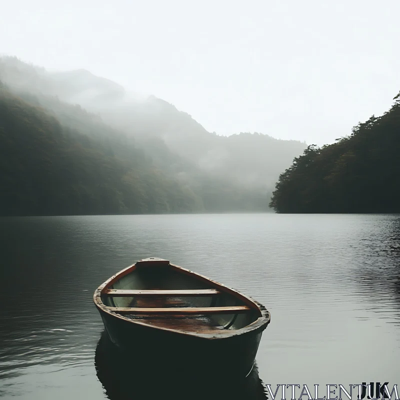 Tranquil Rowboat in Foggy Lake AI Image