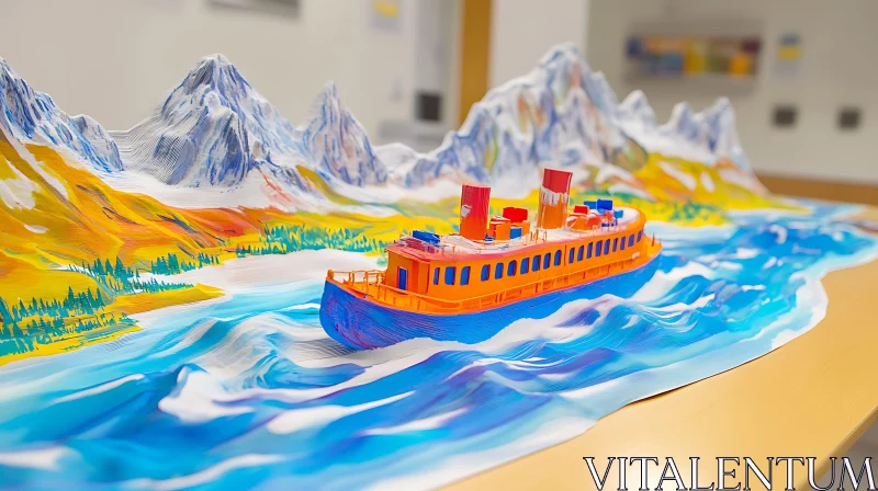 AI ART Vibrant 3D Boat and Mountain Scene