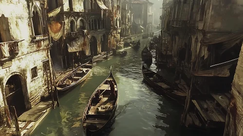 Venetian Canal Scene with Gondolas