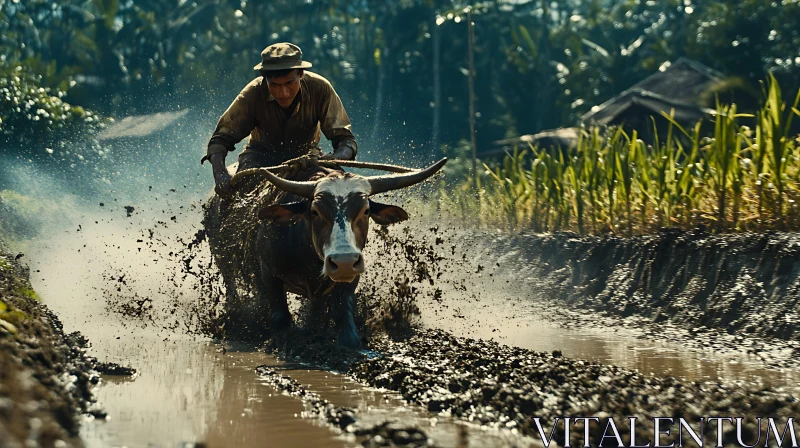 Traditional Farming Through Muddy Fields AI Image