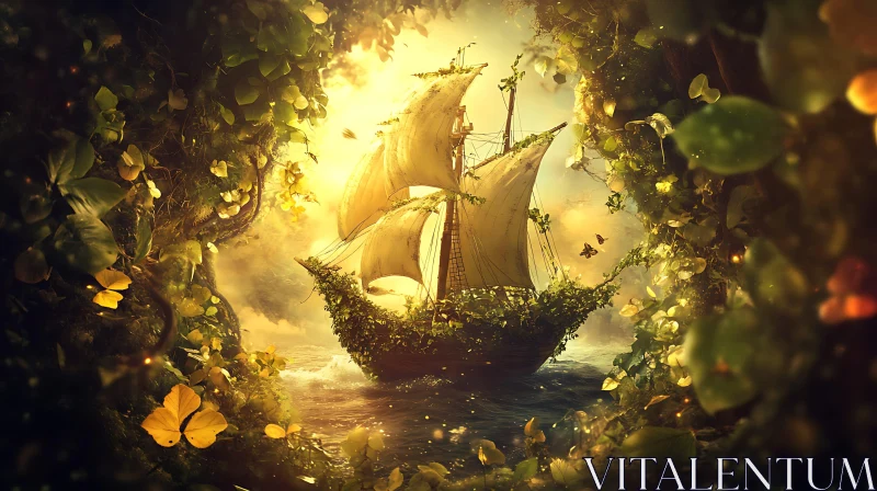 Mystical Forest with Sailing Ship AI Image