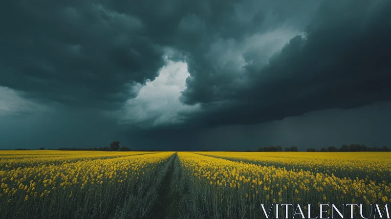 AI ART Yellow Flower Field With Stormy Sky