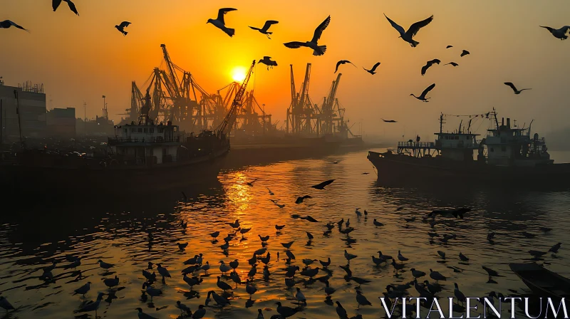 AI ART Golden Sunset Over a Bustling Port