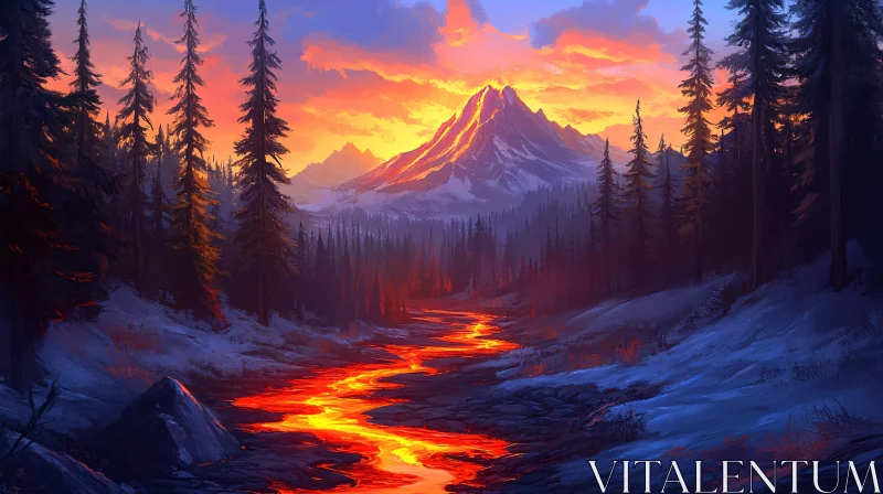 Sunset Over Mountain and Lava River AI Image