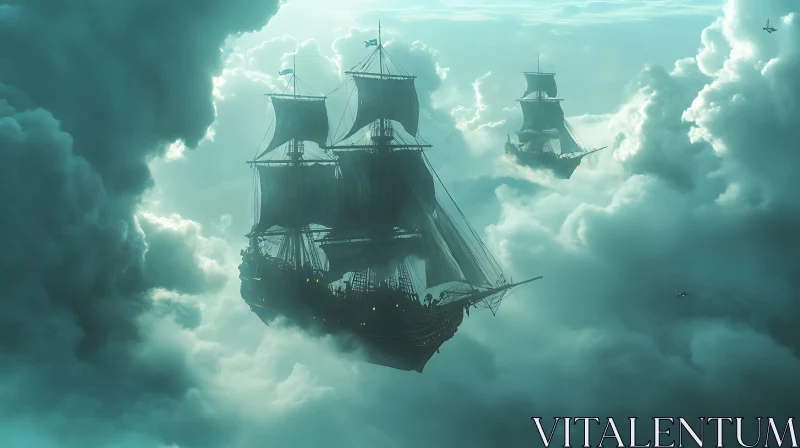 Fantastical Ships in Cloudy Skies AI Image