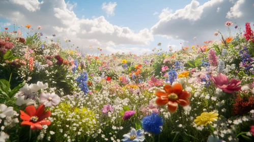 Colorful Flower Field with Fluffy Clouds