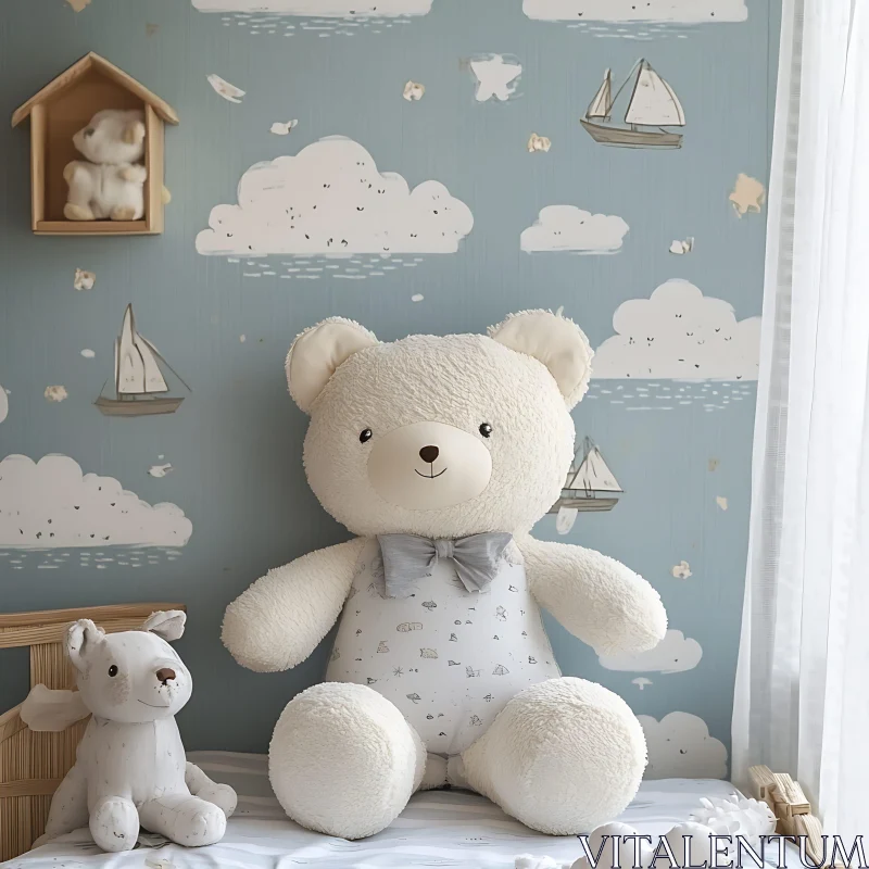 Cuddly Plush Teddy Bear Decor in Baby's Room AI Image