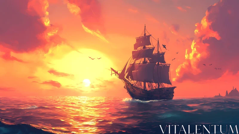 Serene Oceanic Sunset with a Sailing Ship AI Image