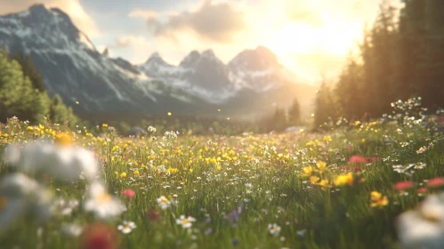 Meadow With Wildflowers And Mountains