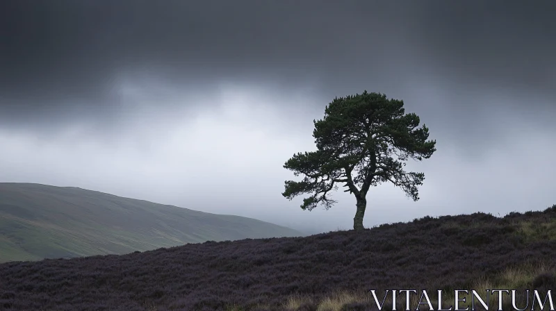 AI ART Lonely Tree Amidst Stormy Hills