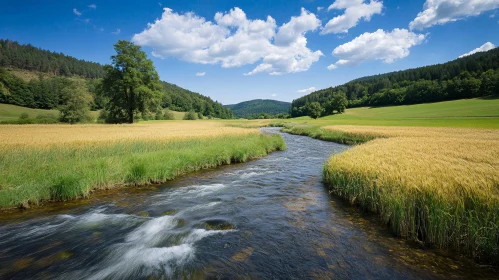 Tranquil River Landscape with Fields and Trees