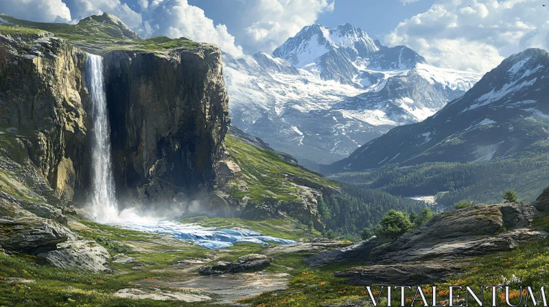 Mountain Oasis with Waterfall and Wildflowers AI Image