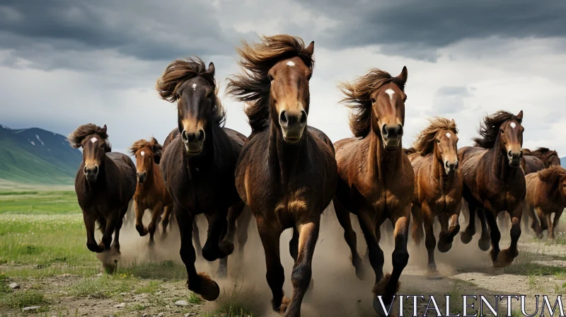 Expressive Herd of Horses Galloping in Field - Capturing Natural Power AI Image
