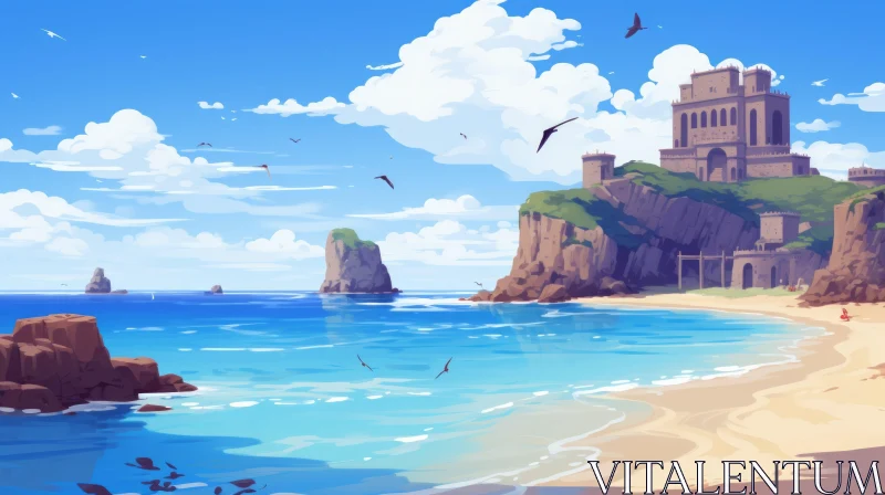 Serene Beach Castle Artwork in Anime Style AI Image