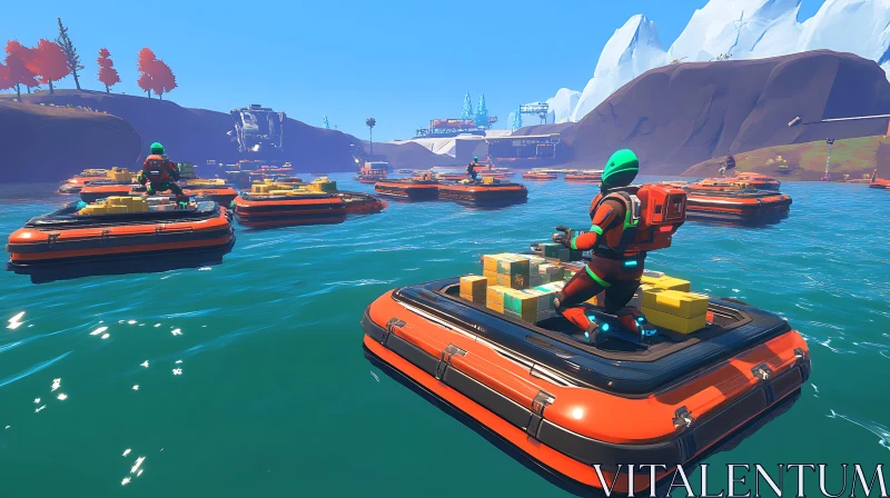 Futuristic Expedition on Water with Astronauts AI Image