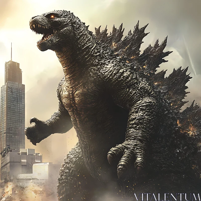 Colossal Godzilla-like Creature in Urban Landscape AI Image