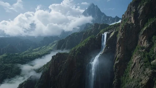 Mountain Waterfall Scene with Forest and Clouds