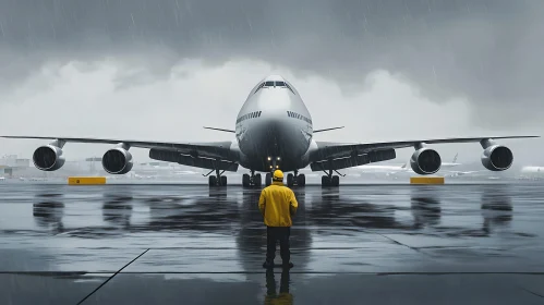 Rainy Day at the Airport: Aircraft Awaiting Takeoff