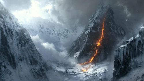 Fiery Lava Flow in Icy Mountains