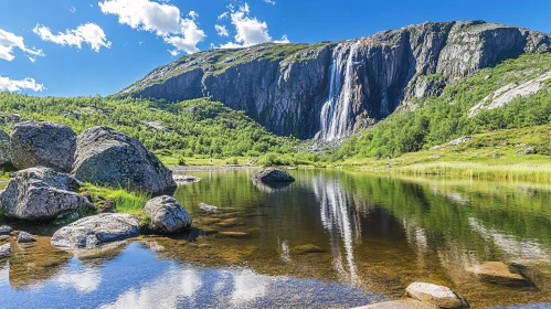 Waterfall in Tranquil Mountain Landscape