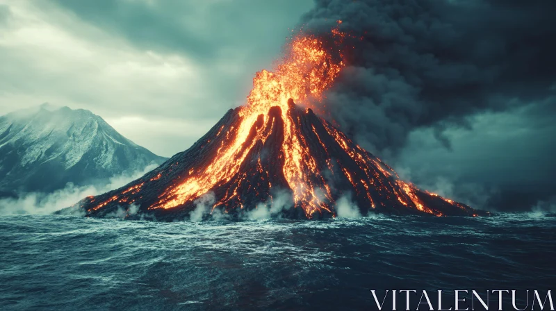 AI ART Ocean-side Volcanic Eruption with Lava and Smoke