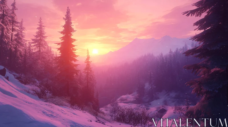 Sunset Over Snowy Forest and Mountains AI Image