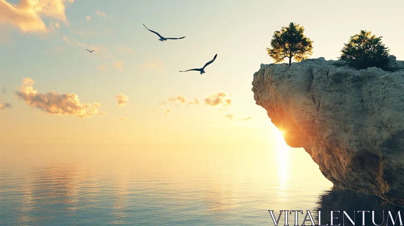 Peaceful Ocean Cliff Sunset Scene AI Image