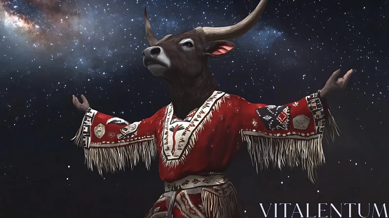 Bull Figure in Cosmic Scene Wearing Native Attire AI Image