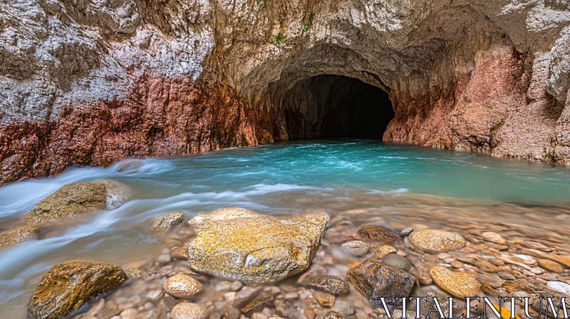 Scenic Cave with Crystal Clear Stream AI Image