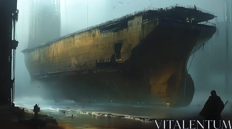 Eerie Beached Ship in Mist AI Image