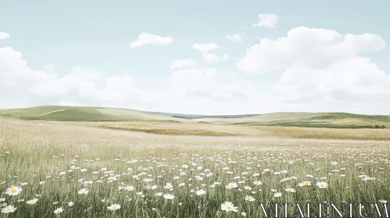 Tranquil Landscape Featuring Wildflower Meadow and Rolling Hills AI Image