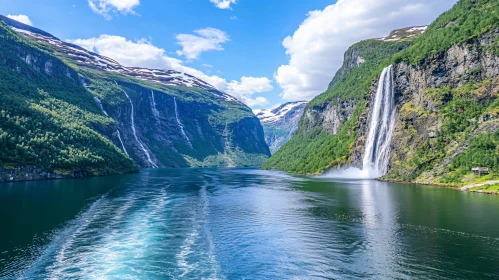 Scenic Turquoise Lake with Waterfall and Cliffside