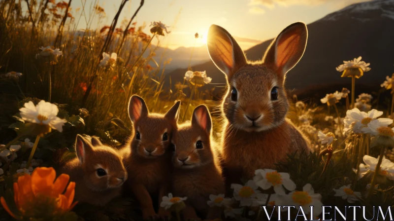 Charming Bunnies in Wildflower Field at Sunset - Amber Hues AI Image