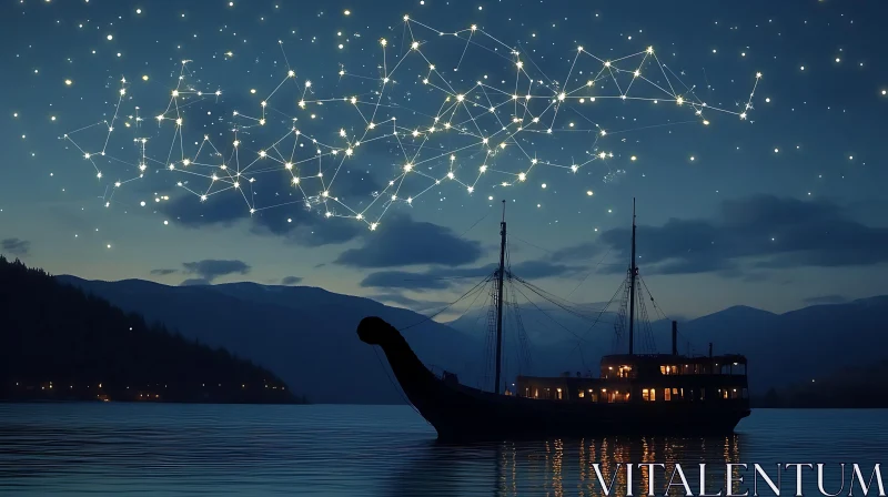 Boat Floating on Calm Waters at Night with Starry Sky AI Image