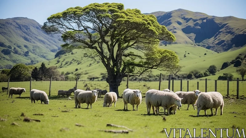 Sheep Grazing in Field - A Serene Pastoral Scene AI Image