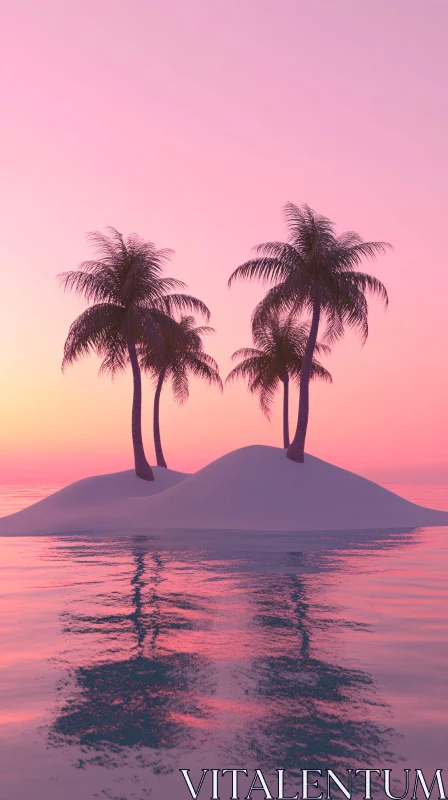 Tropical Island with Palm Trees at Pink Sunset AI Image