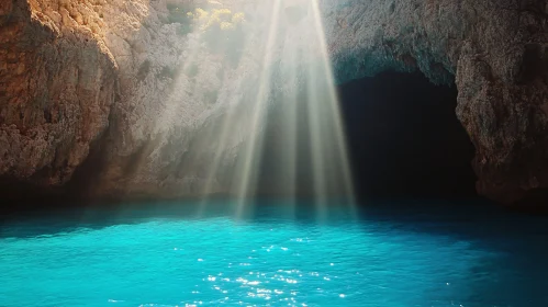 Illuminated Cave with Blue Water