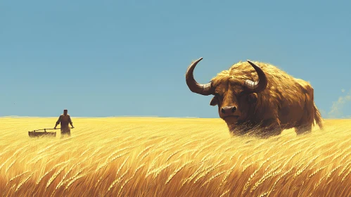 Field Work in a Wheat Field with Buffalo