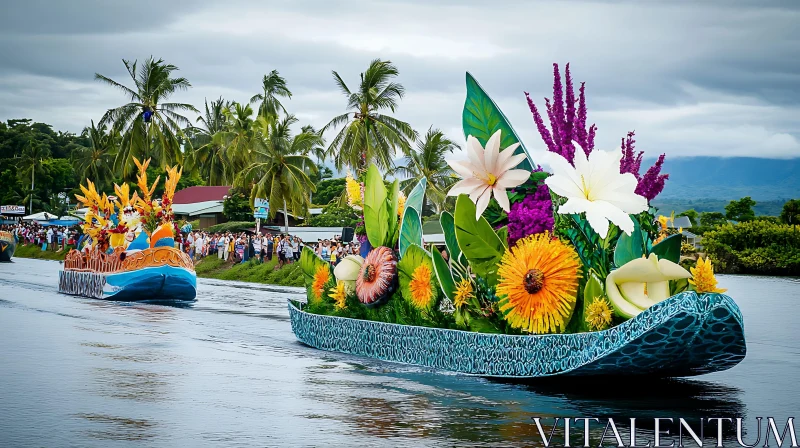 Floral Boat Parade in Tropical Landscape AI Image