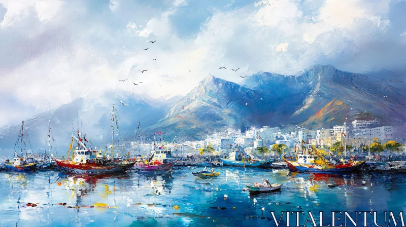 Boats in a Serene Harbor with Mountain Backdrop AI Image