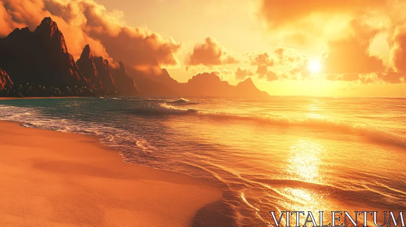 AI ART Golden Sunset Over Ocean Waters and Mountain Peaks