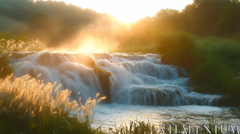 AI ART Golden Sunrise Over Cascading Waterfall