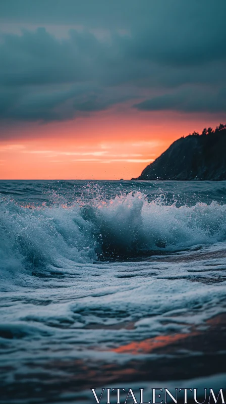 Sunset Over Waves by the Cliff AI Image