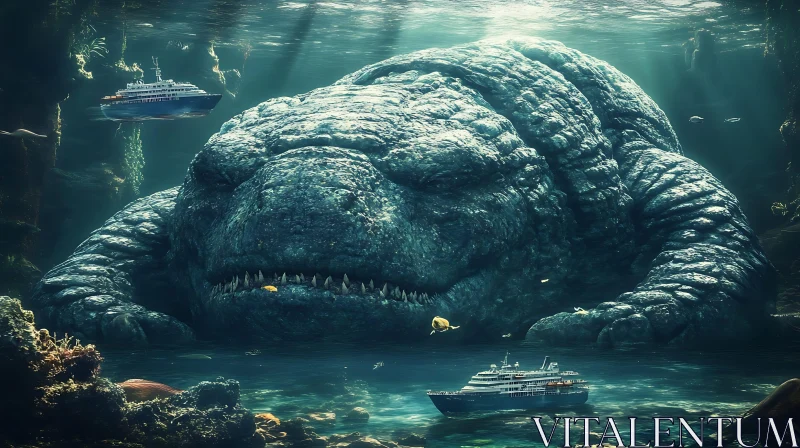 Monstrous Kraken with Small Ships in Ocean Depths AI Image